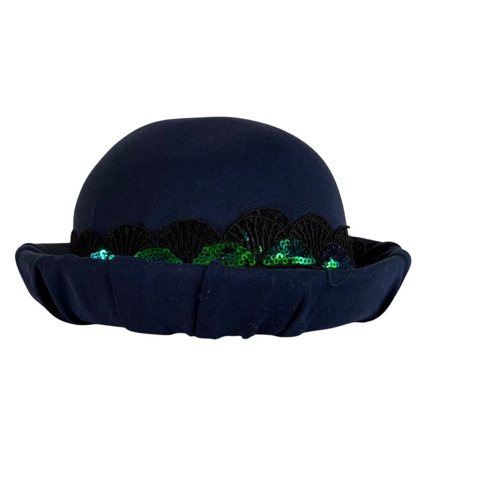 Wool Bowler Hat Navy With Black Lace Green Sequin Trim Elegant Classic Style